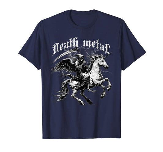 Death Metal Grim Reaper Riding a Unicorn Metalhead Vintage T-Shirt