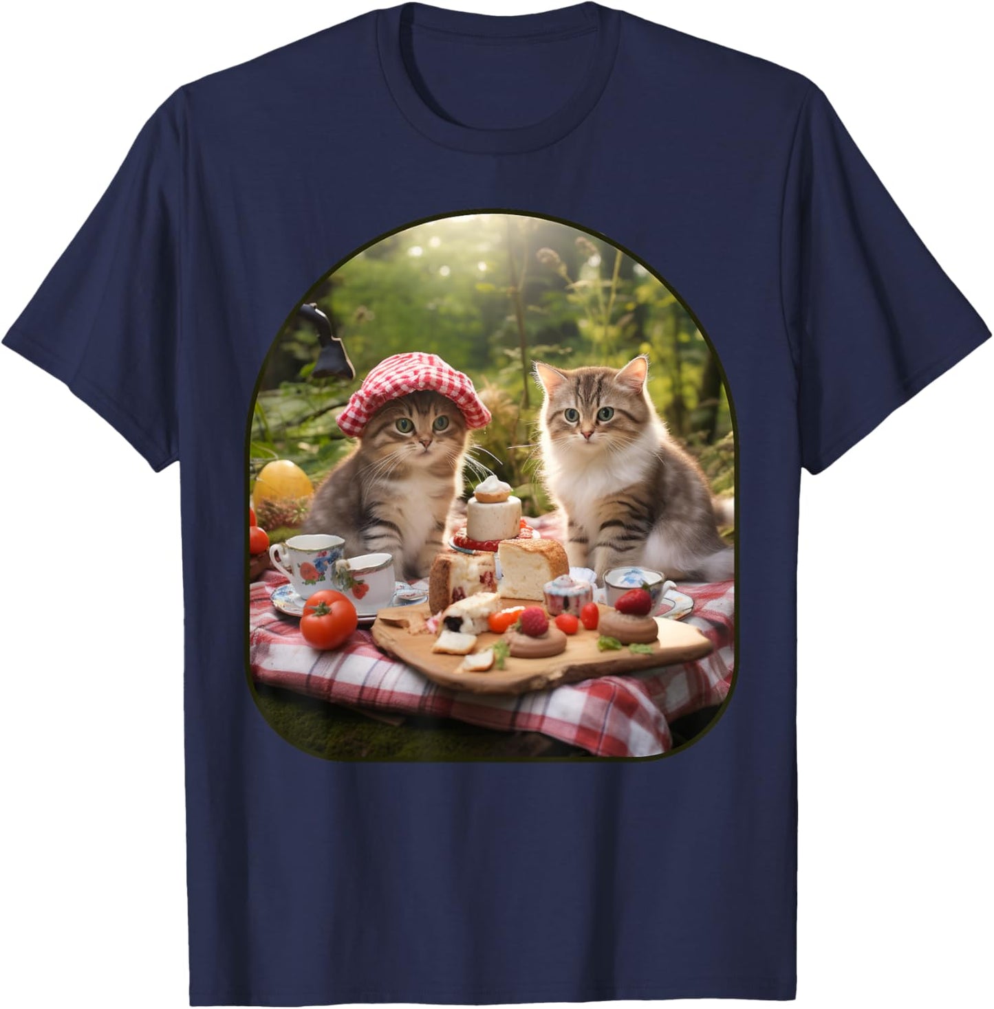 Picnic Paws Cats Enjoying a Woodland Feast on a Mushroom Cot T-Shirt