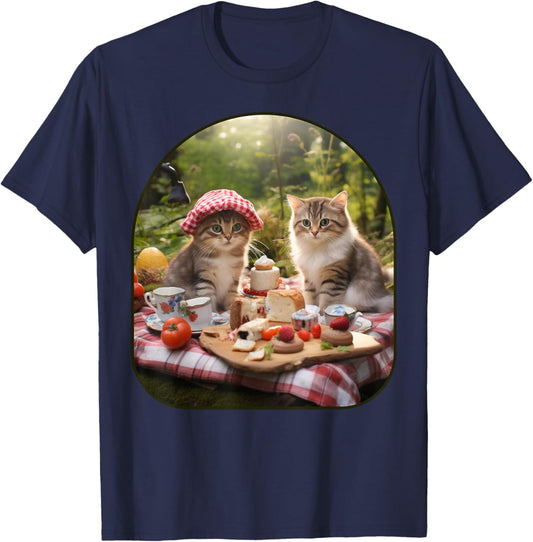 Picnic Paws Cats Enjoying a Woodland Feast on a Mushroom Cot T-Shirt