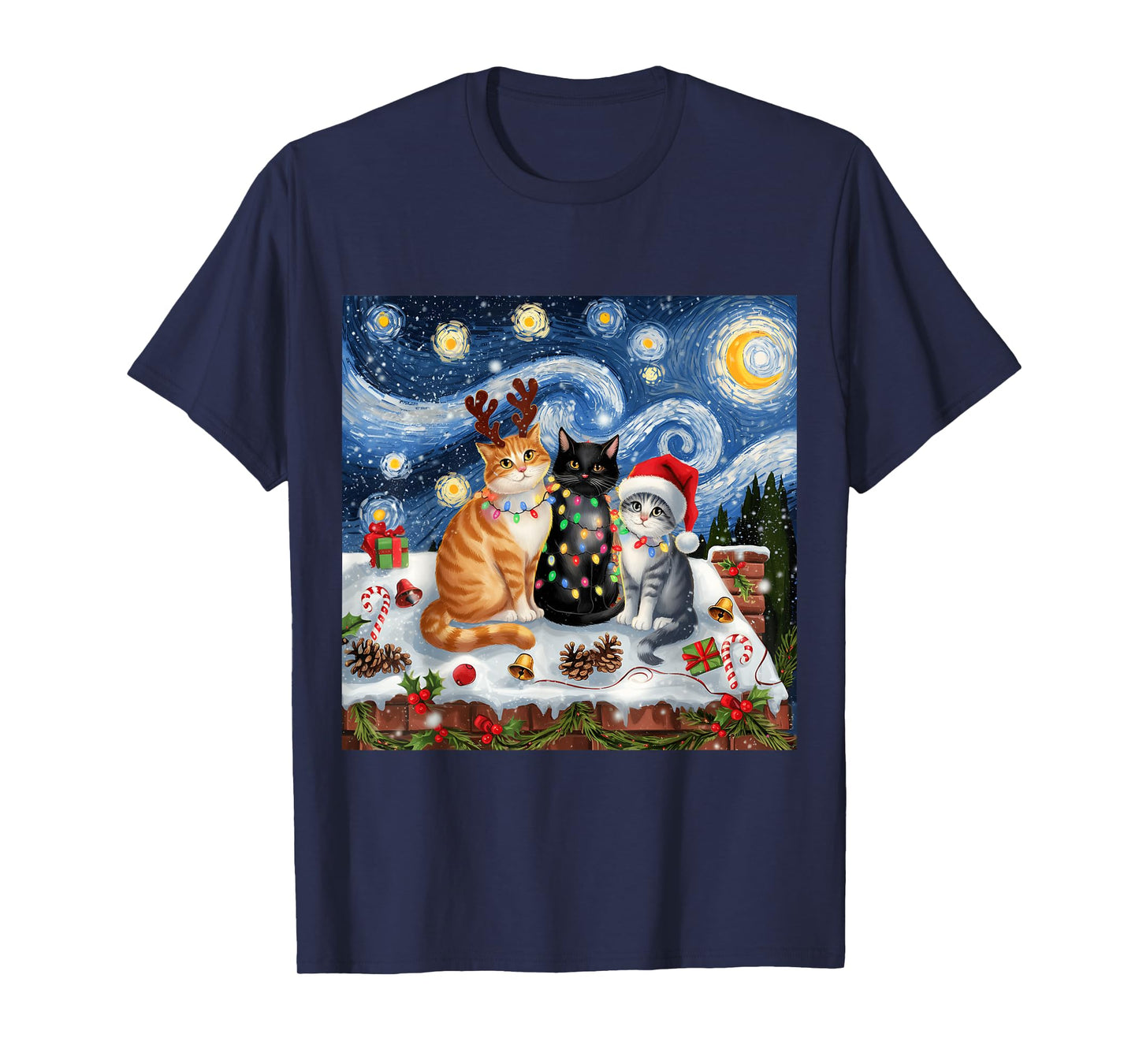 Christmas Van Gogh Starry Night Black Cat Santa Funny Xmas T-Shirt