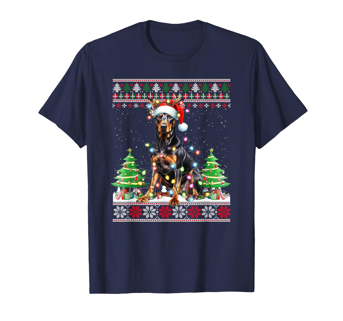 Doberman Dog Reindeer Christmas Lights T-Shirt