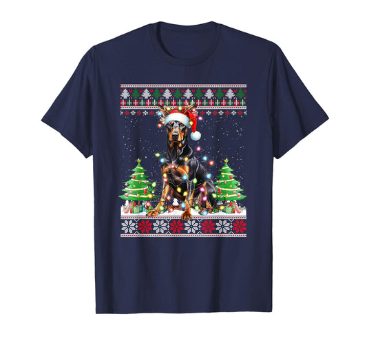 Doberman Dog Reindeer Christmas Lights T-Shirt