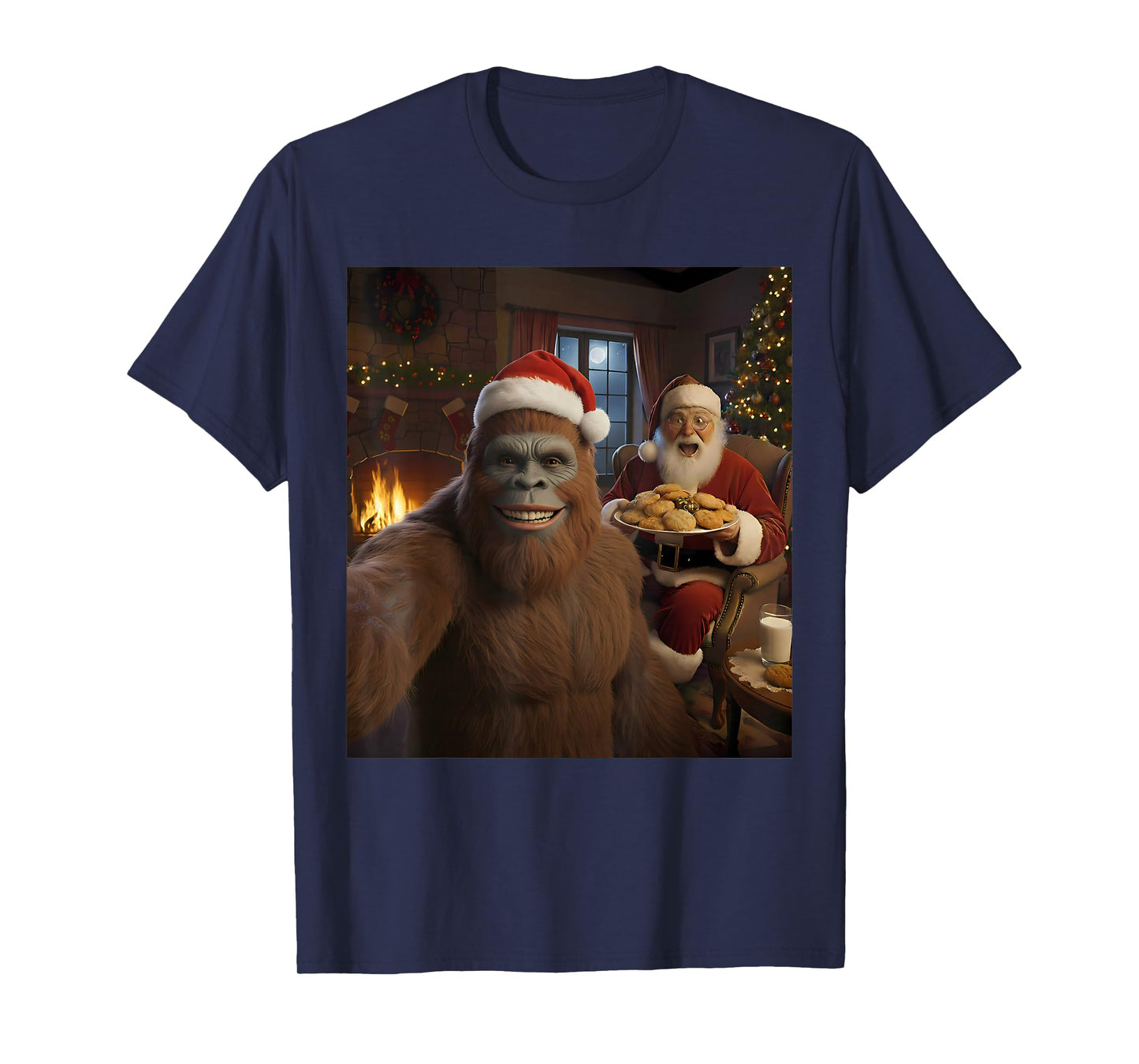 Bigfoot Selfie with Santa Claus Funny Christmas Meme T-Shirt