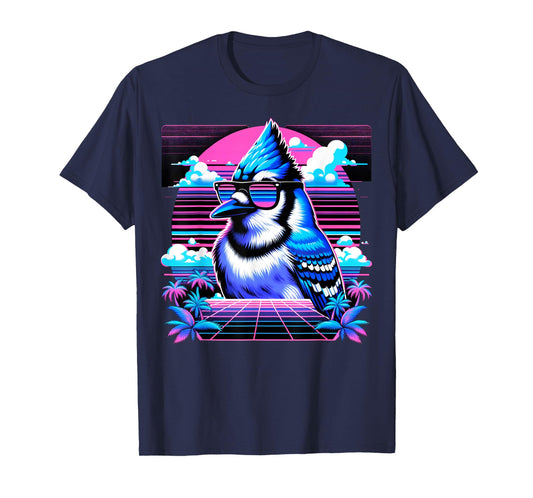 Cool Blue Jay Bird 80s Retrowave 90s Vaporwave Blue Jay Bird T-Shirt