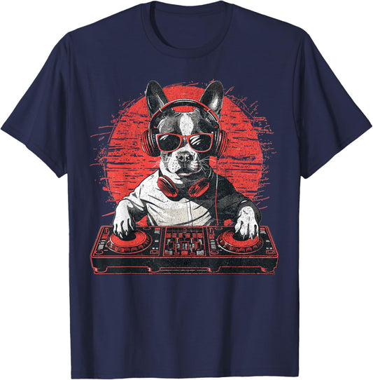 Funny Retro House DJ Boston Terrier Dog Disco Headphone Tech T-Shirt