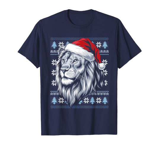 Lion Santa Hat Ugly Christmas Sweater Lion Lovers Holiday T-Shirt