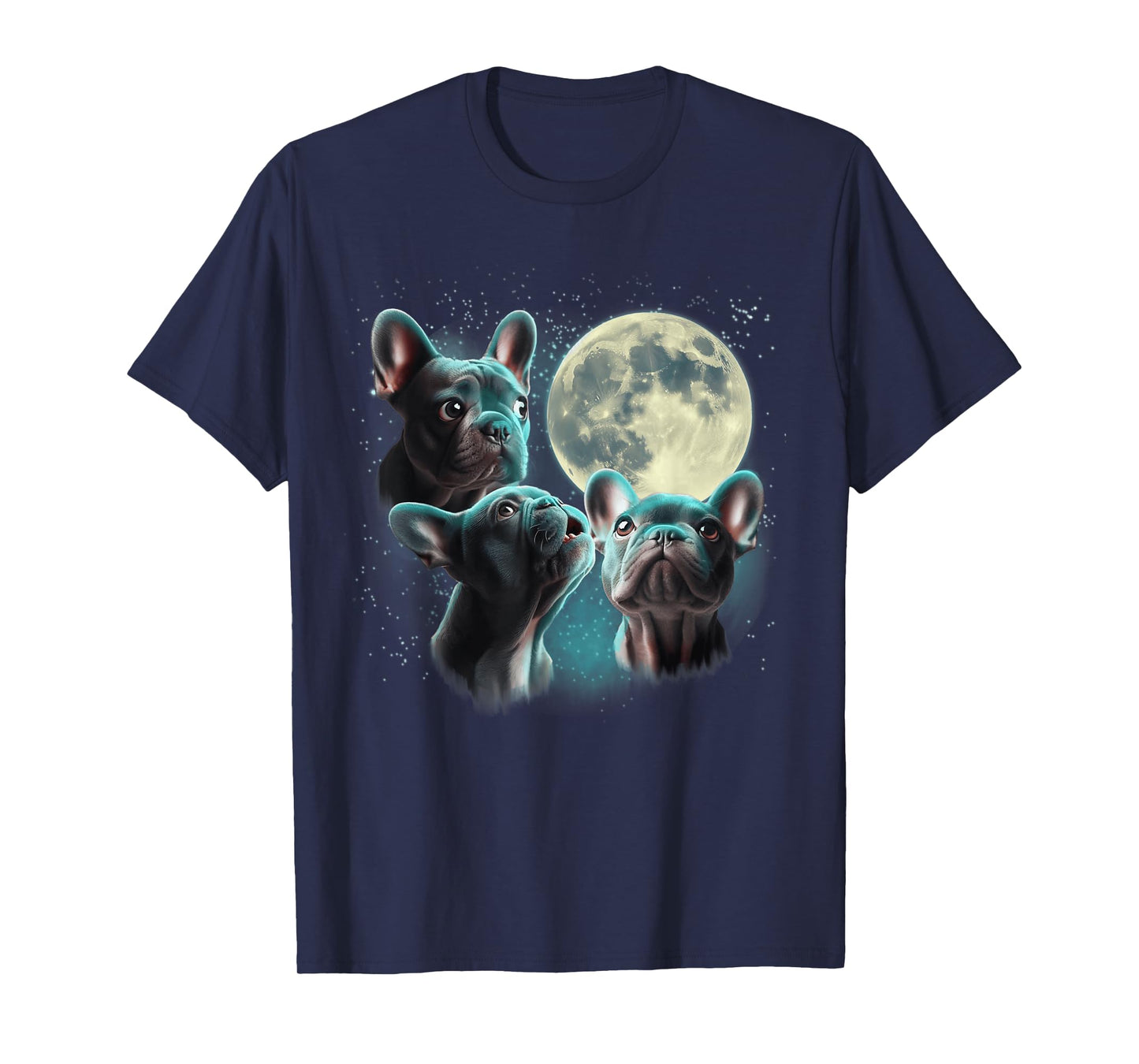 Funny Three French Bulldog Moon, 3 Frenchie Blue, Weird Cute T-Shirt
