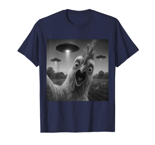 Chicken Rooster Funny Selfie Chicken with UFOs Weird Aliens T-Shirt