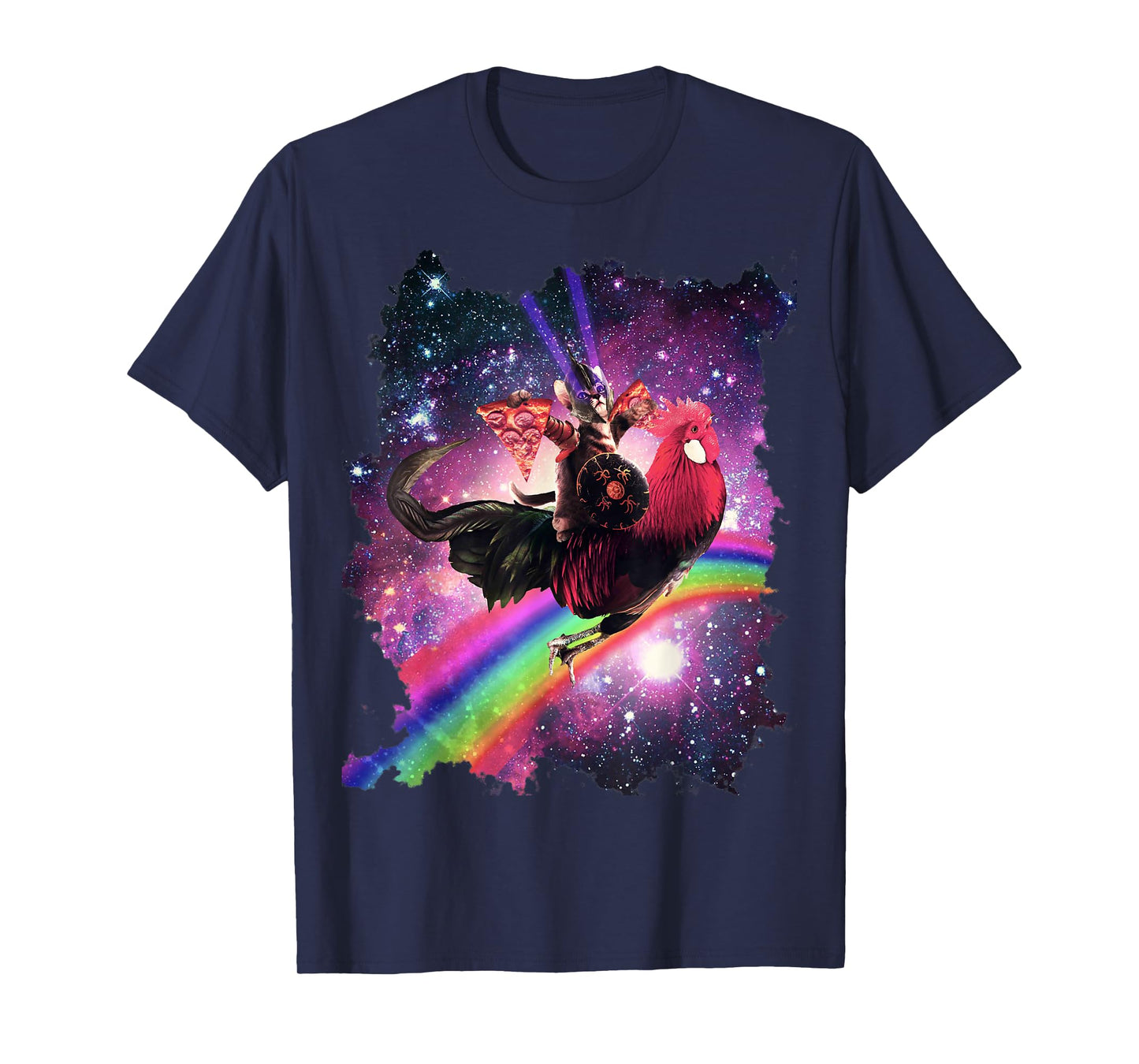 Lazer Warrior Space Cat Riding Chicken with Pizza T-Shirt