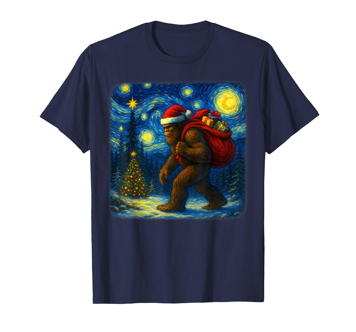 Bigfoot Santa Christmas Starry Night Sasquatch Van Gogh Art T-Shirt