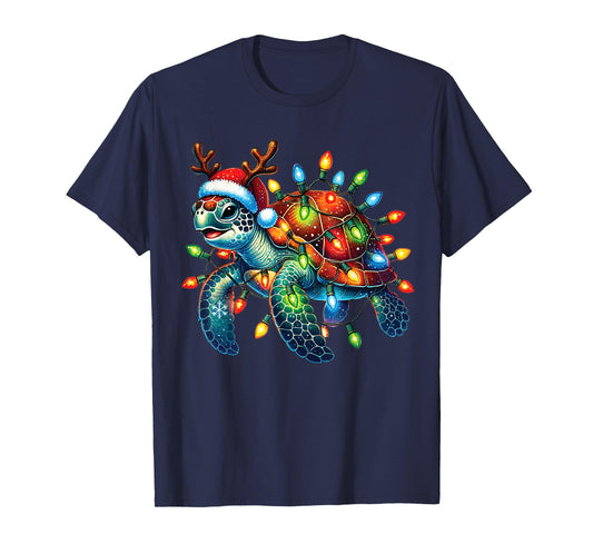 Sea Turtle Christmas Lights Funny Santa Hat Merry Christmas T-Shirt
