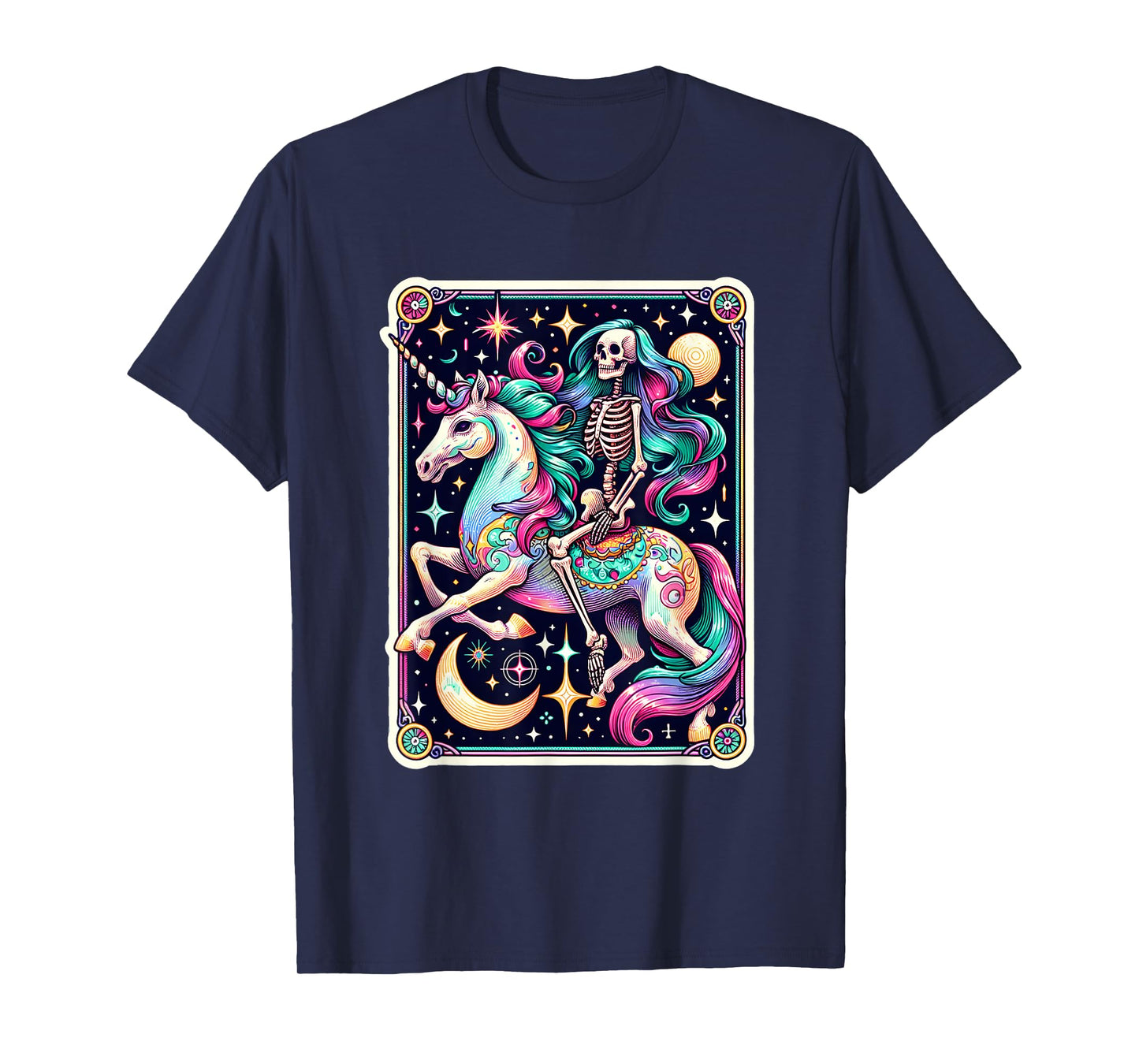 Skeleton Riding Unicorn Tarot Card Celestial Fantasy Art T-Shirt