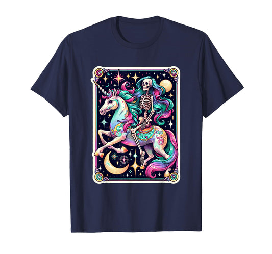 Skeleton Riding Unicorn Tarot Card Celestial Fantasy Art T-Shirt