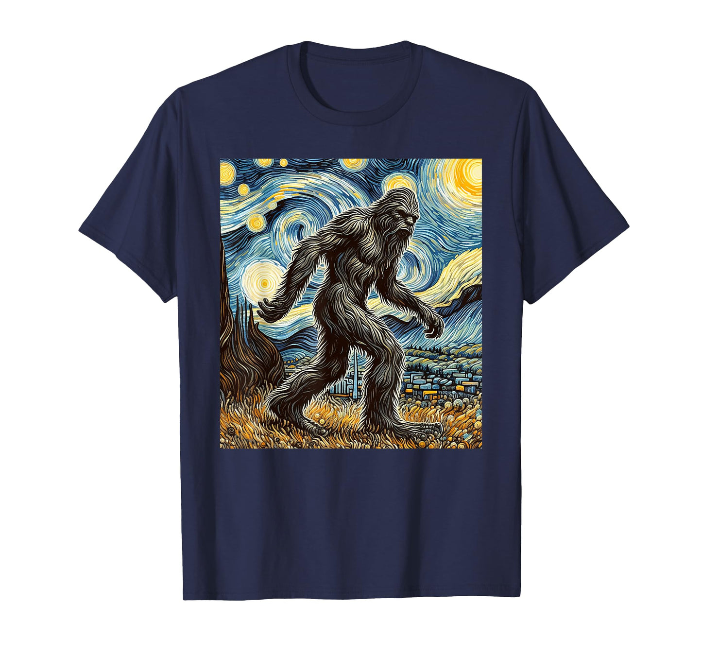 Funny Bigfoot Starry Night Sasquatch Van Gogh Sky Painting T-Shirt