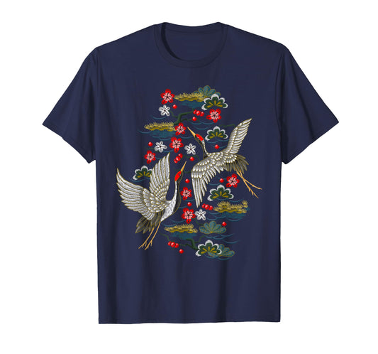 Crane & Cherry Blossom Tshirt - Vintage Japanese Embroidery T-Shirt