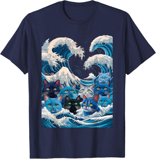 Cat Wave Japanese Art Women Men Kids Anime Neko Cat Graphic T-Shirt