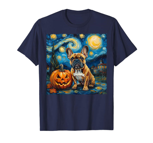 French Bulldog Pumpkin Starry Night Style Autumn Halloween T-Shirt