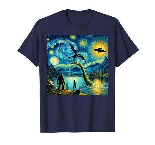 bigfoot starry night loch Ness alien UFO dragon cute lake T-Shirt