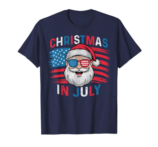 Fourth of July Christmas Us Flag Sunglasses Santa Xmas 2025 T-Shirt
