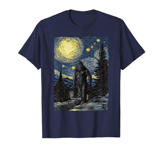 Bigfoot Starry Night Sasquatch Van Gogh Painting Art T-Shirt