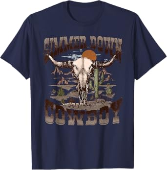 Vintage Simmer Down Cowboy Bull Skull Western Graphic T-Shirt