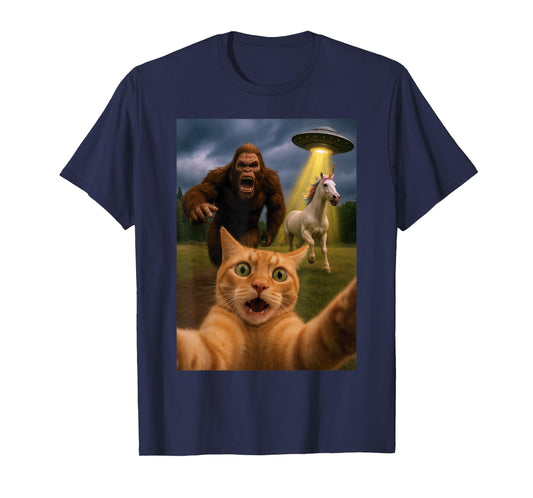 Funny Graphic Tee Cat Selfie with Bigfoot Unicorn UFO T-Shirt