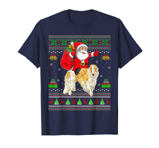 Ugly Xmas Sweater Funny Santa Riding Borzoi Dog Christmas T-Shirt