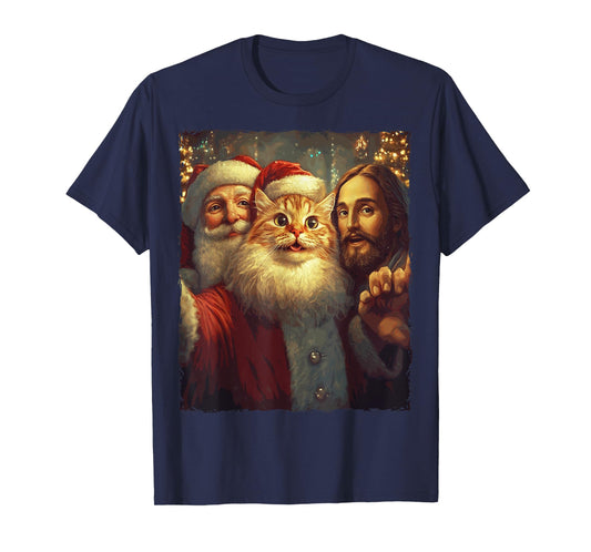 Funny Cat Selfie Santa Jesus Xmas Christmas Men Women Kids T-Shirt