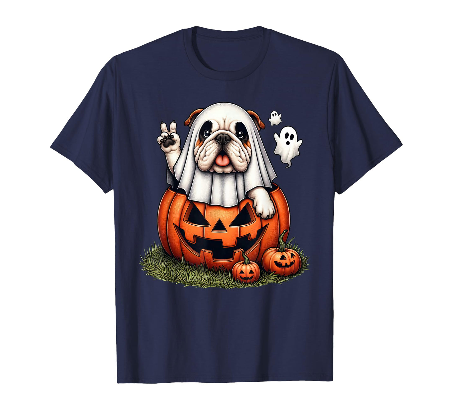 Funny English Bulldog Ghost Boo Halloween Womens Mens Kids T-Shirt