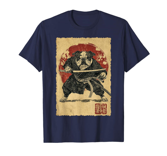 Funny Vintage Japanese Art Bulldog Ninja Samurai Warrior Men Women Girls Kids T-Shirt