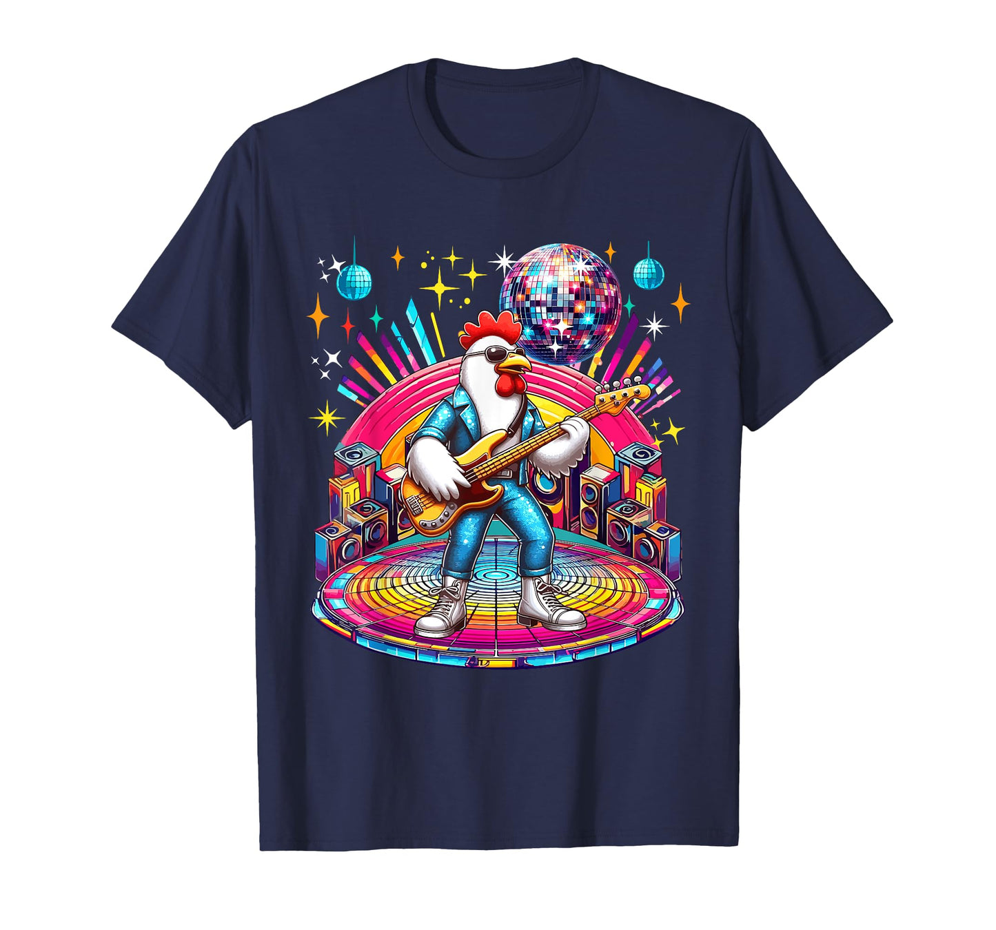 Chicken Sunglasses Playing Guitar Colorful Costume Disco T-Shirt