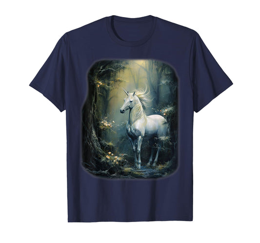 Fantasy white Unicorn standing in a Forest T-Shirt
