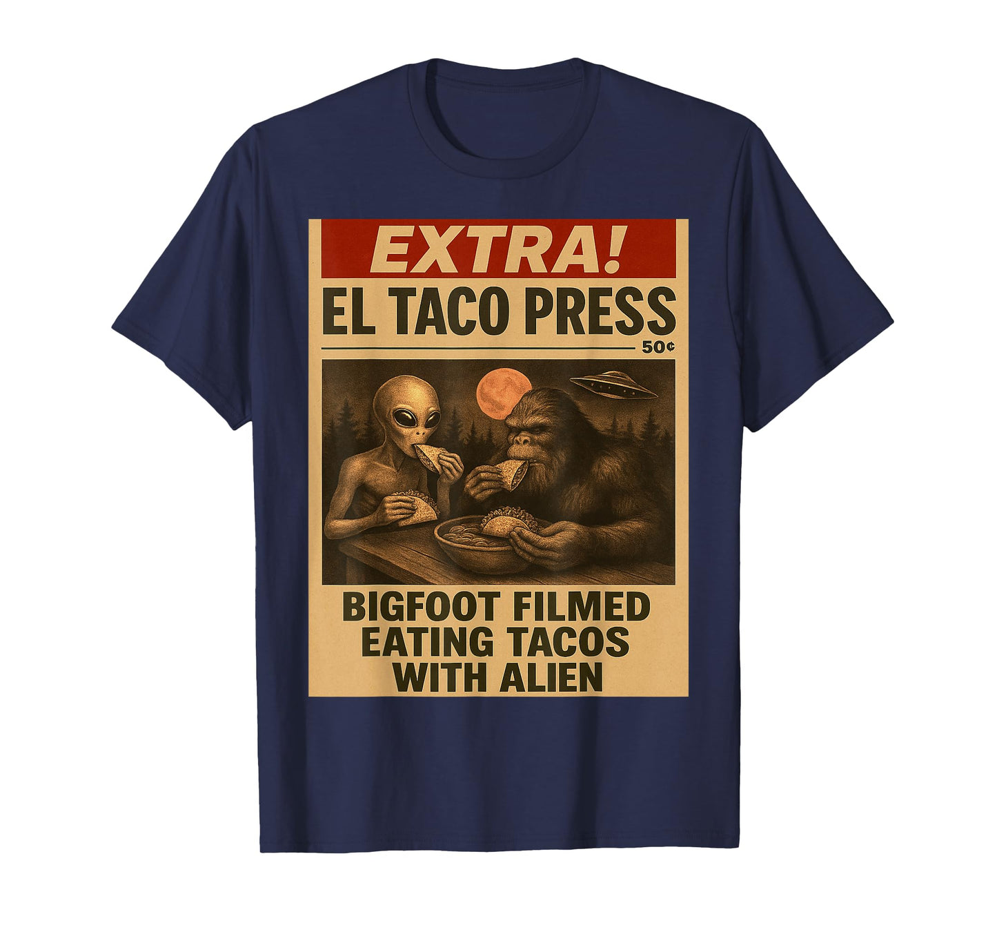 Bigfoot and Alien Eating Tacos Funny Vintage Newspaper UFO T-Shirt