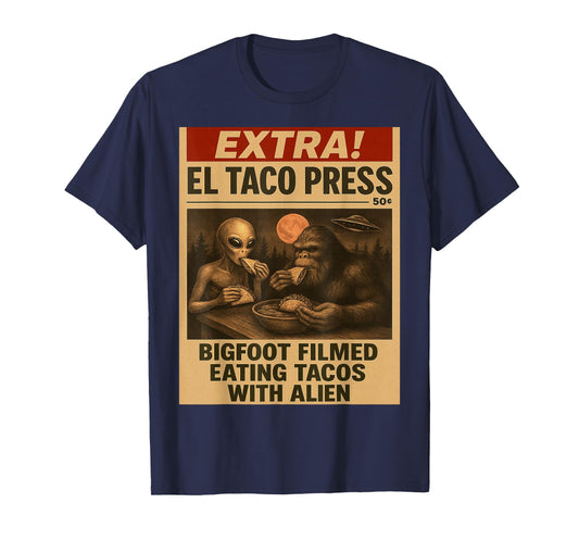 Bigfoot and Alien Eating Tacos Funny Vintage Newspaper UFO T-Shirt
