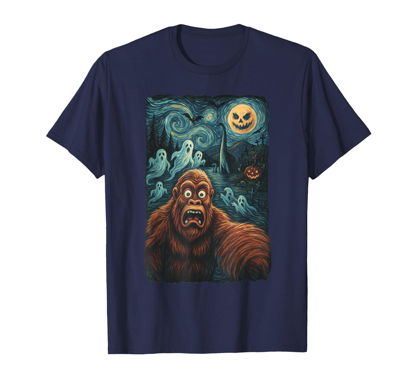Bigfoot Selfie Shirt Starry Night Halloween Ghosts Tee T-Shirt