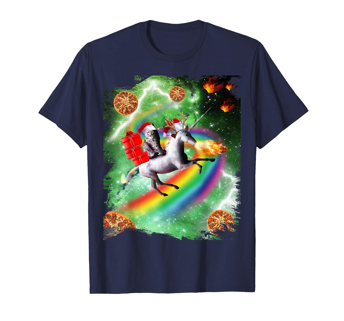 Christmas Cat Santa Riding Unicorn, Space Pizza Funny T-Shirt for Men Women Kids