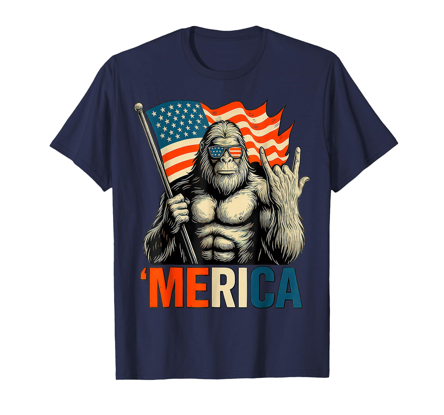 Bigfoot Merica Rock Patriotic American Flag 4th Of July T-Shirt