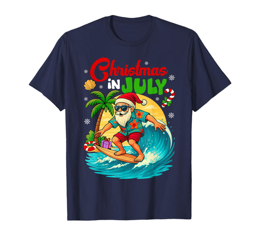 Christmas In July Hawaii Santa Surfing Summer Beach Vacation T-Shirt