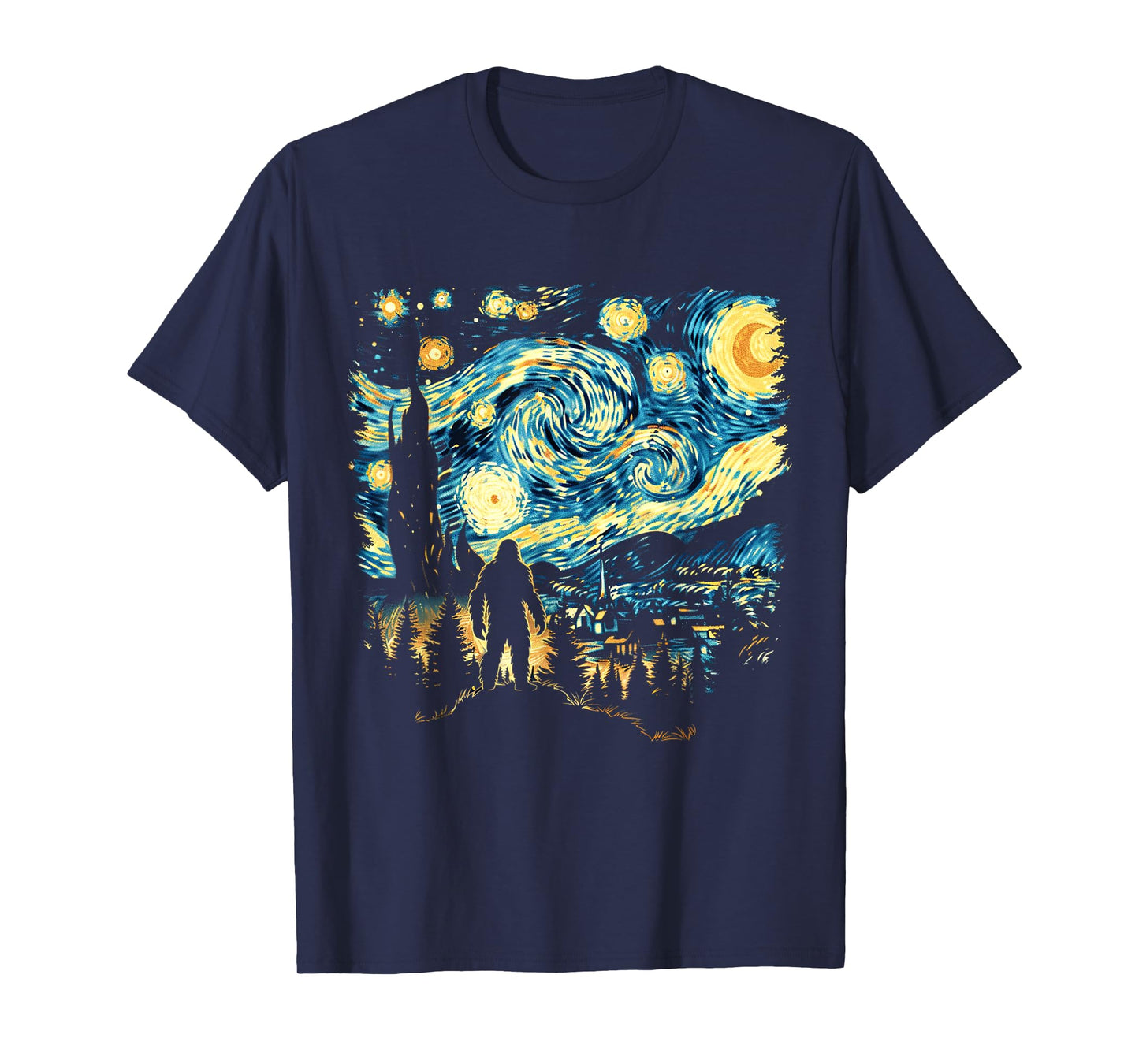 Funny Bigfoot Starry Night Sasquatch Van Gogh Sky Painting T-Shirt