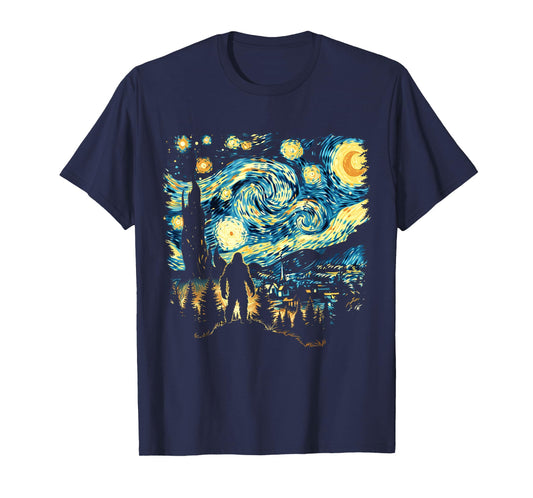Funny Bigfoot Starry Night Sasquatch Van Gogh Sky Painting T-Shirt