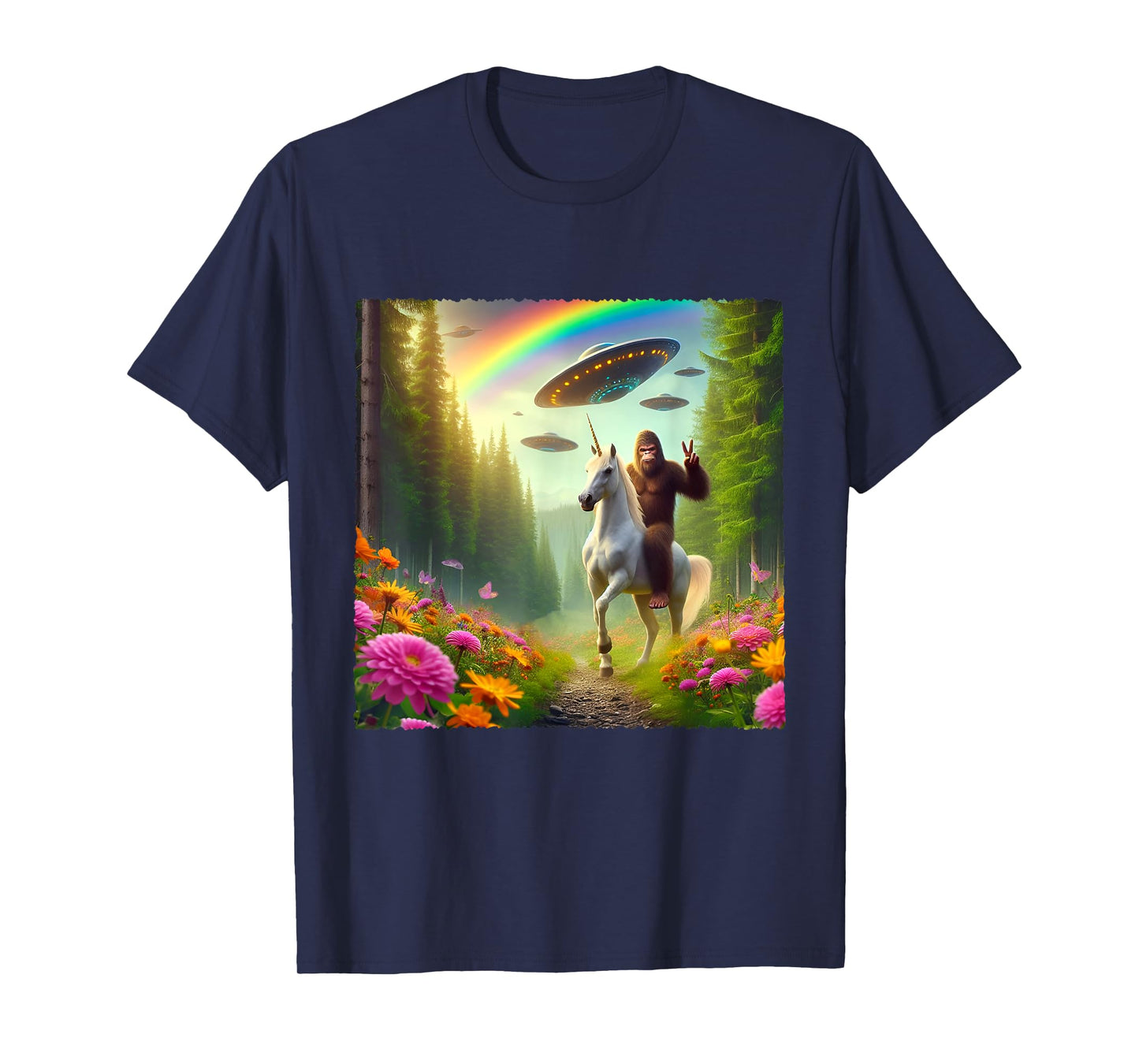 Bigfoot Riding Unicorn Bigfoot Selfie with UFOs Weird Selfie T-Shirt