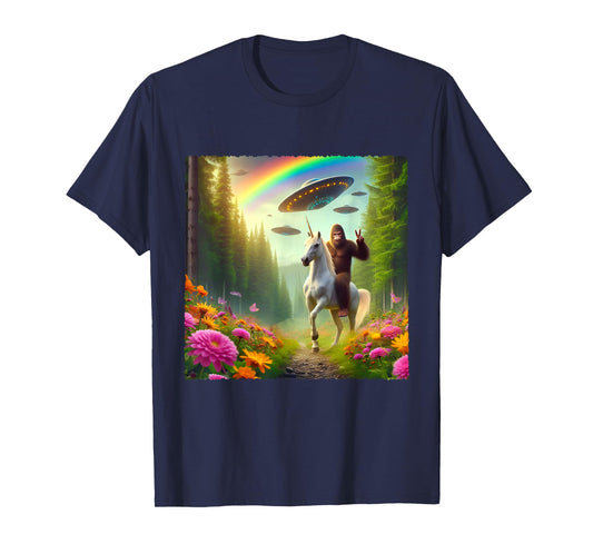 Bigfoot Riding Unicorn Bigfoot Selfie with UFOs Weird Selfie T-Shirt