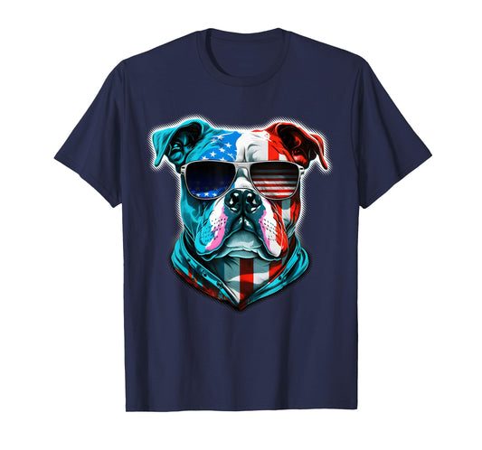 Bulldog Dog Red White Blue American Flag Sunglasses T-Shirt for Women Kids Men