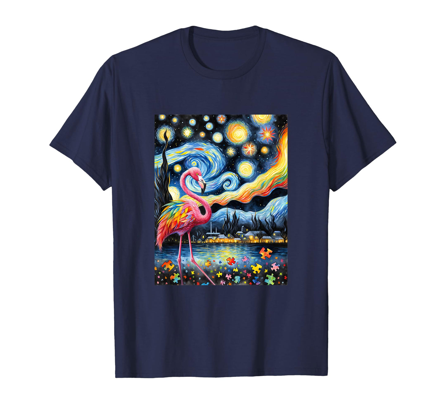 Flamingo Autism Awareness Starry Night Van Gogh T-Shirt