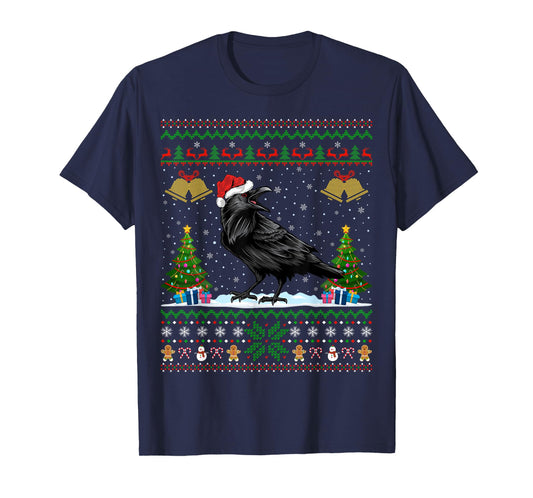 Santa Hat Raven Bird Xmas Lighting Ugly Raven Christmas T-Shirt