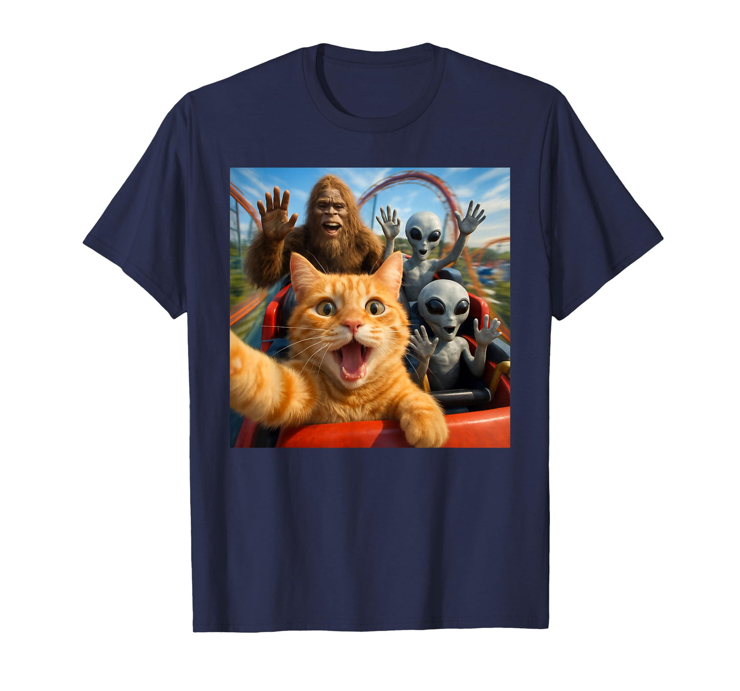Funny Cat Selfie with Big Foot & Alien Roller Coaster Meme T-Shirt