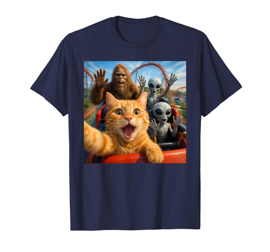 Funny Cat Selfie with Big Foot & Alien Roller Coaster Meme T-Shirt