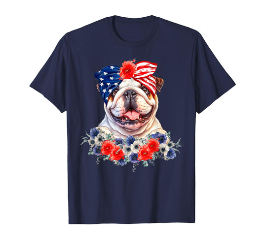 English Bulldog Dog Bandana American Flag 4th Of July T-Shirt