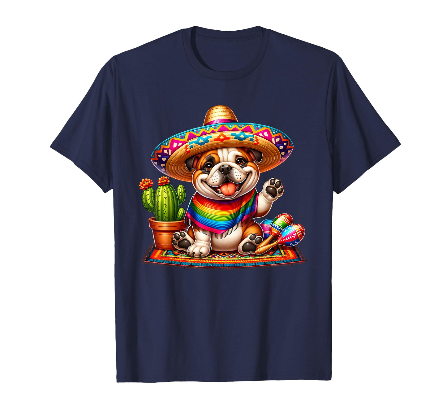 Funny Cute Bulldog Saying Hi Cinco De Mayo Sombrero Maracas T-Shirt for Men Women Kids
