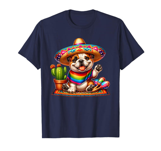 Funny Cute Bulldog Saying Hi Cinco De Mayo Sombrero Maracas T-Shirt for Men Women Kids